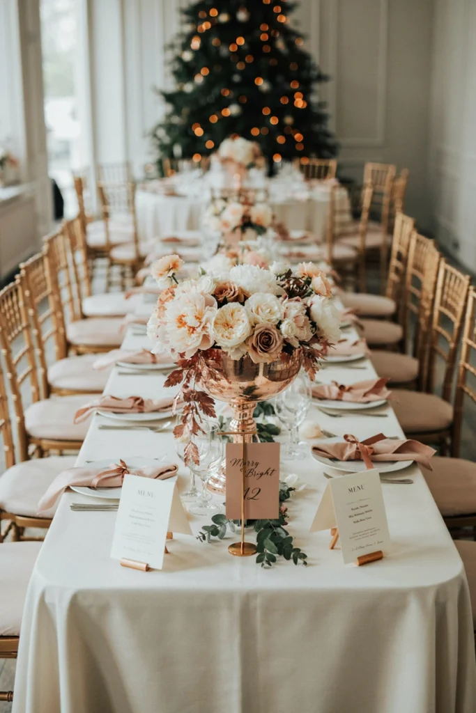 Blush peony and rose gold eucalyptus centerpiece