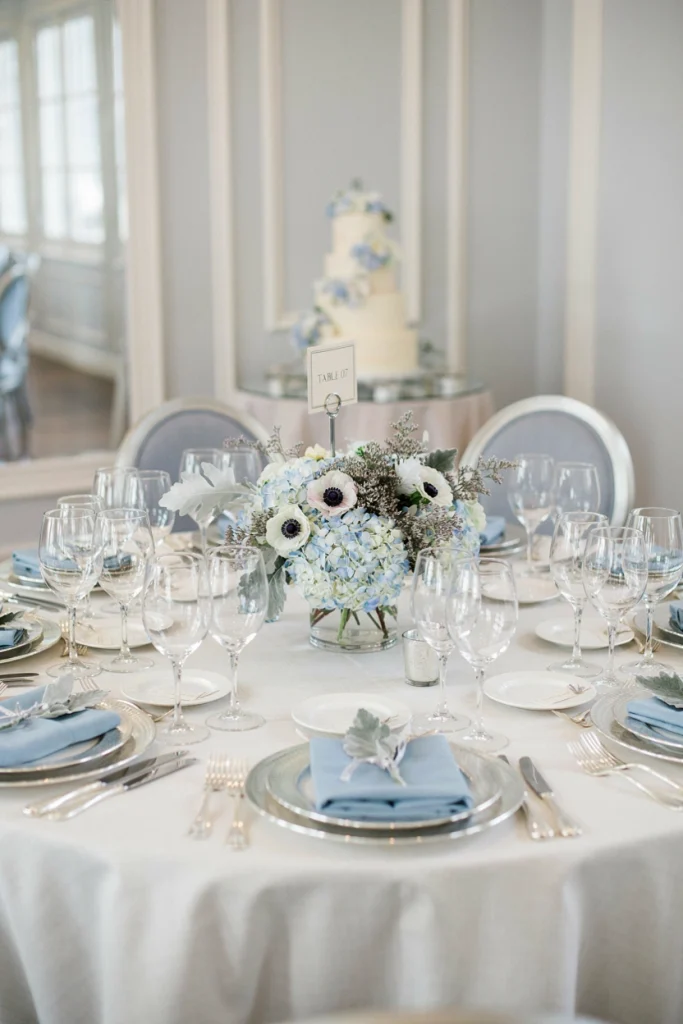 Pale blue hydrangea and silver brunia winter centerpiece
