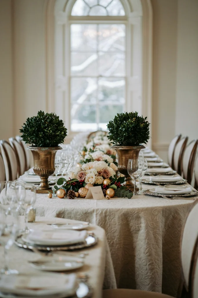 Pair of boxwood topiary balls in brass urns with candles