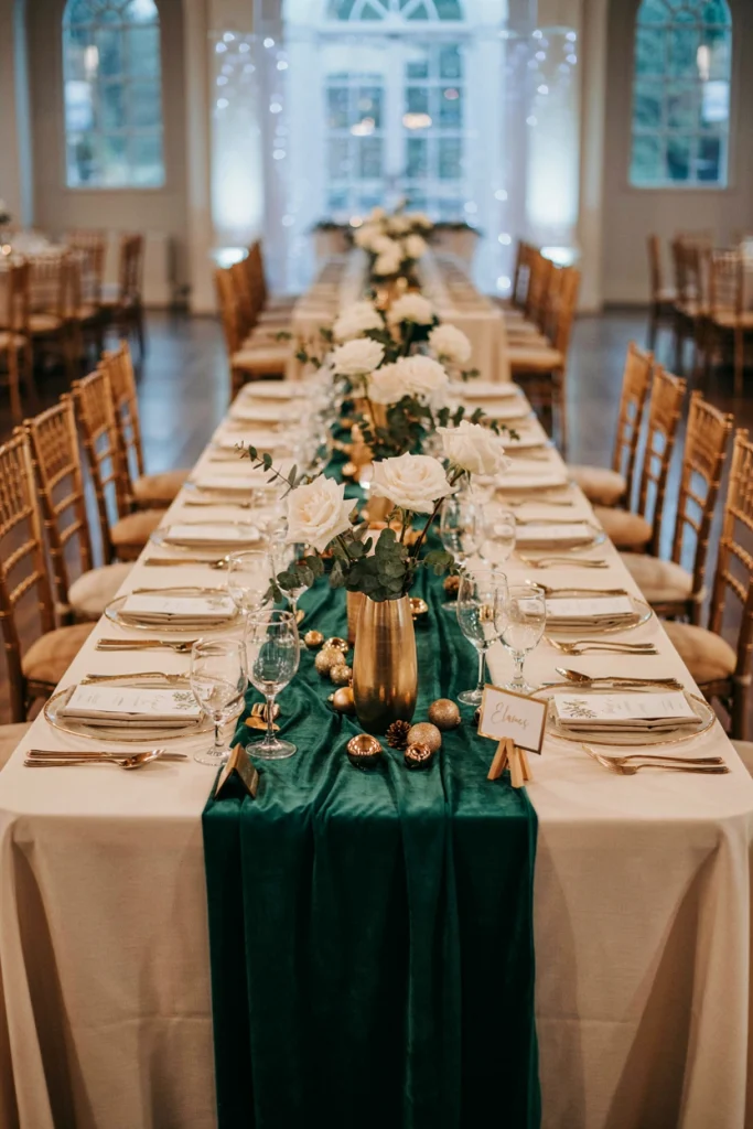 Emerald velvet table runner with gold candlesticks