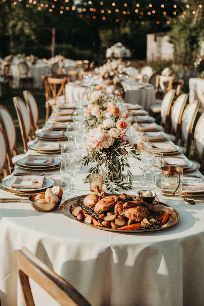 Large platter of golden roasted chicken pieces surrounded by caramelized carrots and potatoes at a wedding