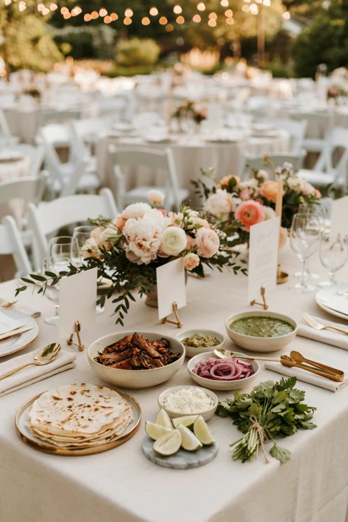 Chef pressing fresh tortillas to order next to bowls of carnitas and salsa verde at a wedding taco station
