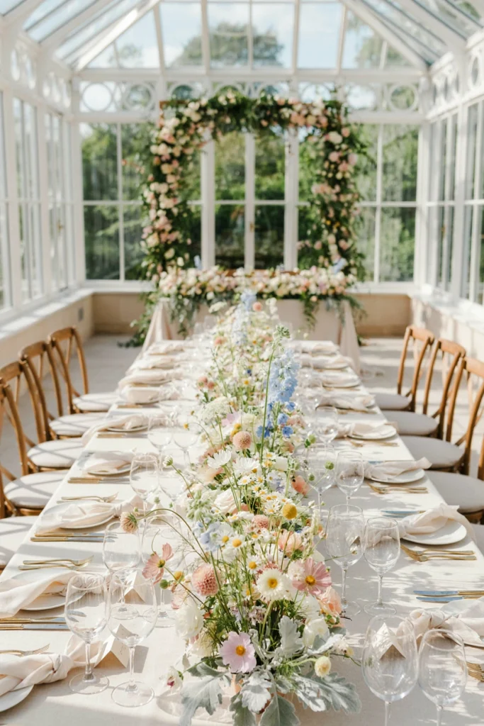 Loose wildflower meadow table runner with cosmos and queen anne's lace