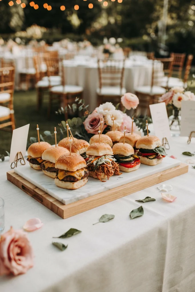 Wooden board with three types of mini sliders, classic beef, pulled pork, and a veggie option