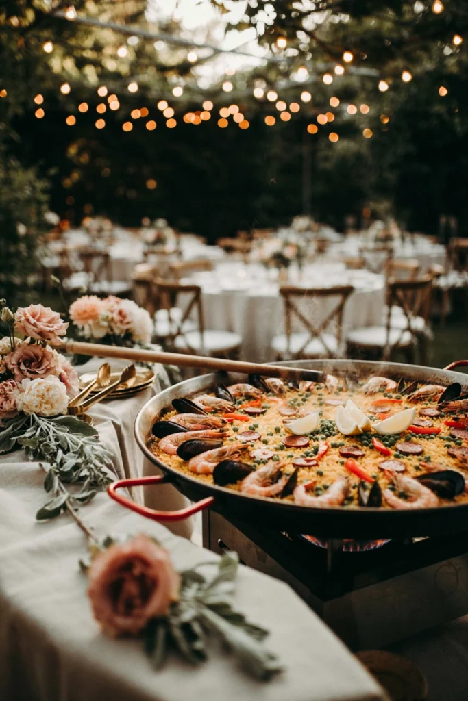Giant paella pan cooking over an open flame, filled with saffron rice, shrimp, and chorizo