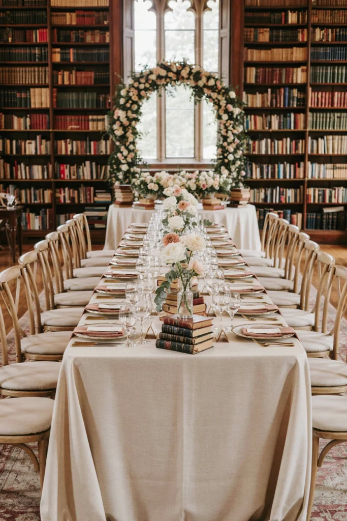 Stack of old hardcover books topped with a bud vase and candle