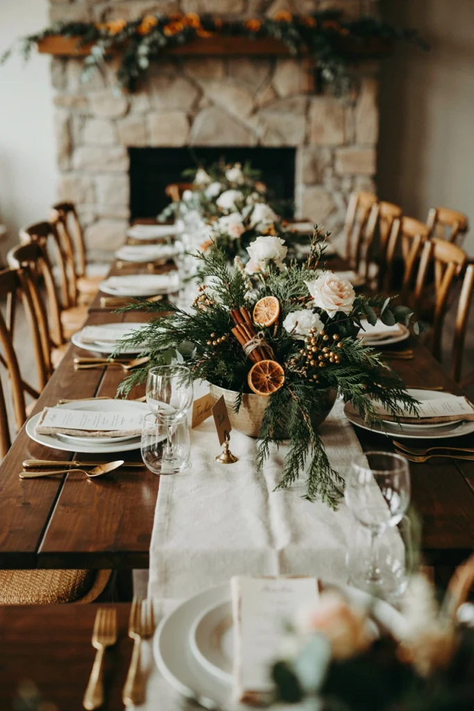Fir branch centerpiece with dried orange slices and cinnamon