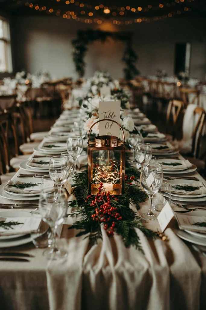 Copper lantern centerpiece with pine and winterberry