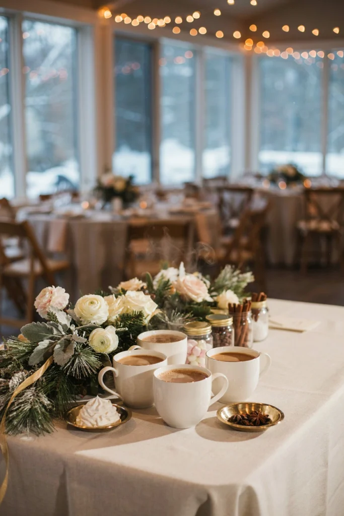 Cozy station with mugs of hot chocolate and mulled cider, topped with marshmallows and cinnamon sticks