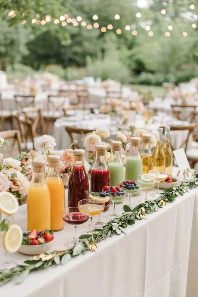 Glass bottles of colorful fresh-pressed juices lined up with a chalkboard sign at a wedding