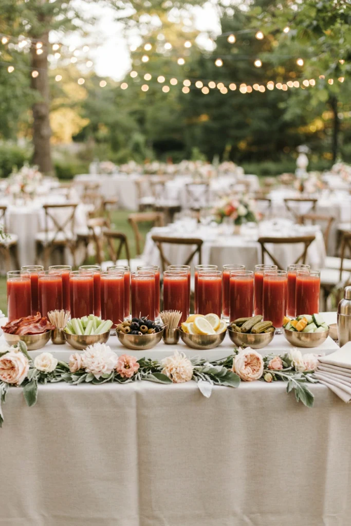 Bloody mary bar loaded with garnishes like bacon, olives, celery, and pickled vegetables