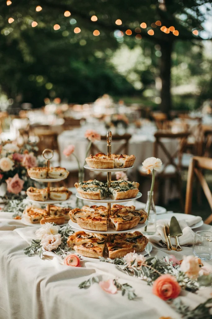 Golden mini quiches with flaky crusts arranged on a tiered serving stand