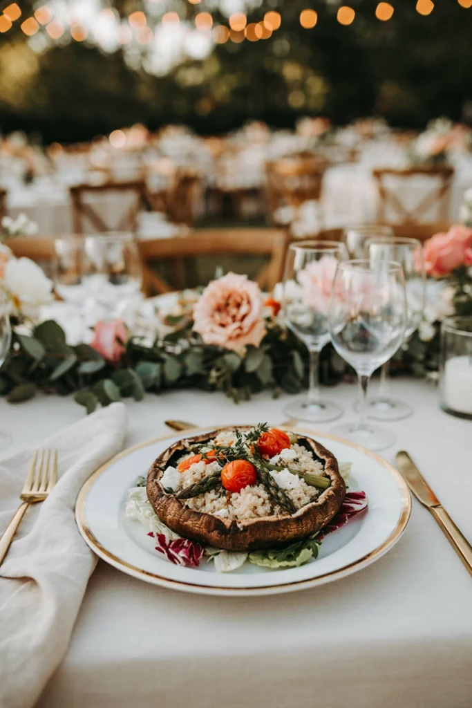 Large stuffed portobello mushroom cap filled with quinoa, goat cheese, and herbs, plated with greens