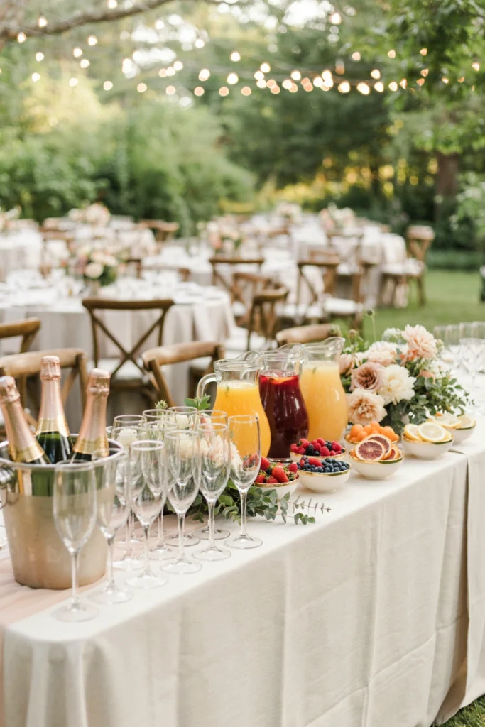 Mimosa bar lined with champagne bottles and small pitchers of orange, cranberry, and peach juice