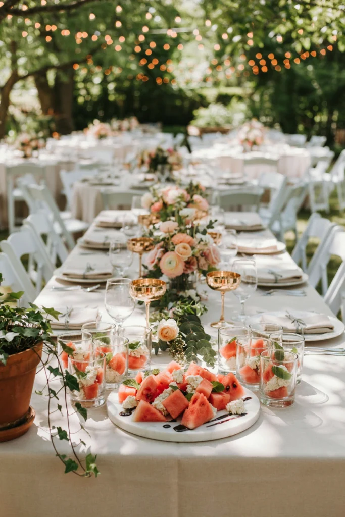 Cubes of watermelon and feta drizzled with mint and balsamic on a bright summer wedding tablecloth