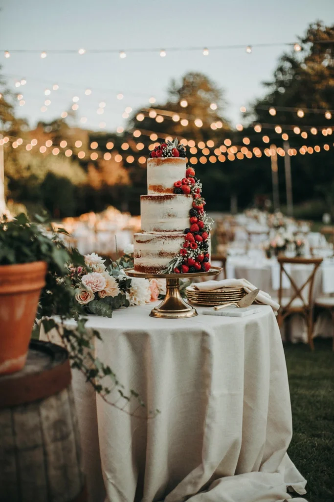 Three-tier naked wedding cake with minimal frosting, cascading with fresh berries and greenery