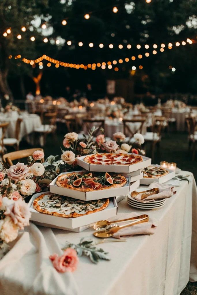 Stacks of pizza boxes being handed out to delighted wedding guests on the dance floor