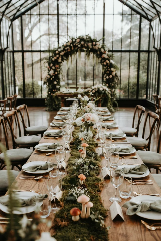Moss-covered table runner dotted with small mushrooms and trailing ferns