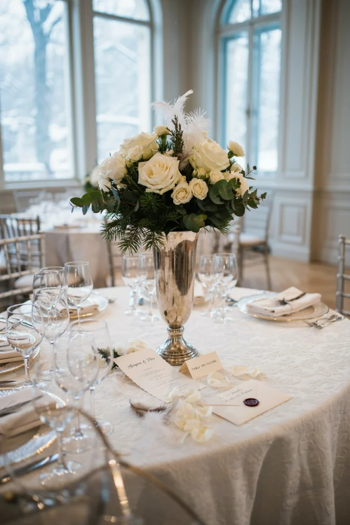 White and silver feather arrangement with white roses