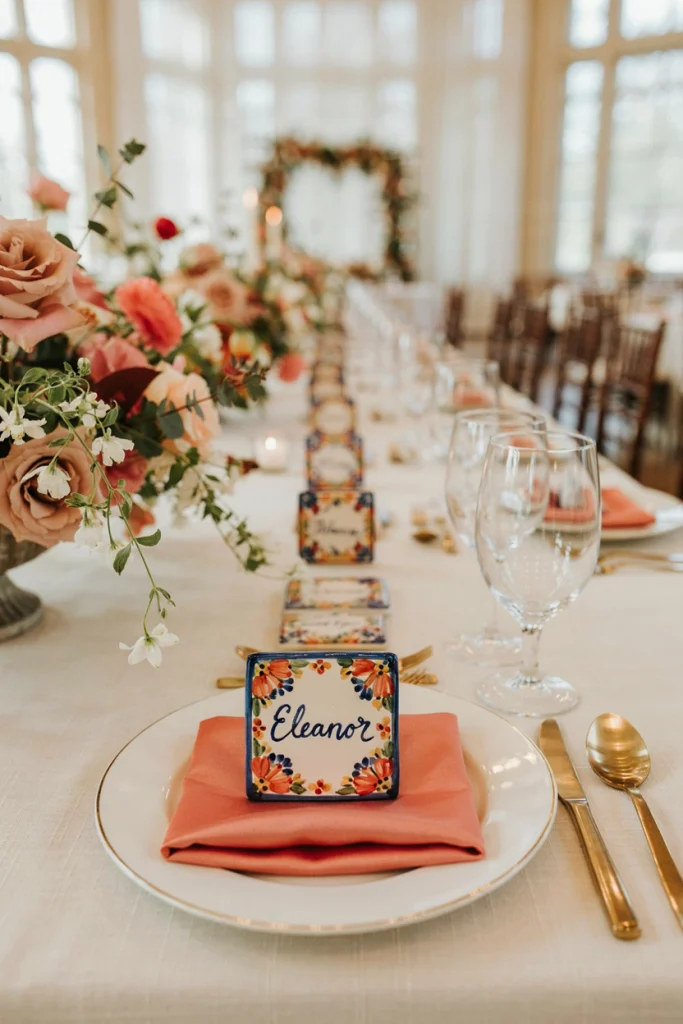 Hand-painted ceramic tile place cards doubling as a keepsake favor