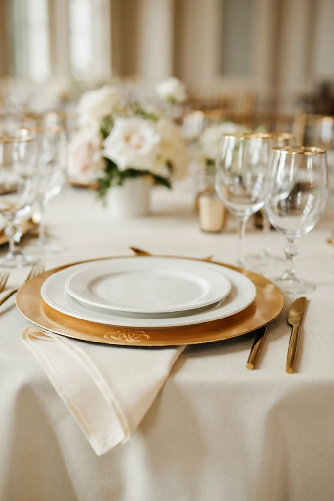 Gold charger plate with white china and gold flatware place setting