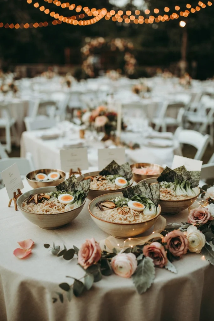 Steaming bowls of ramen with soft egg, scallions, and nori set up buffet-style for a late-night wedding station