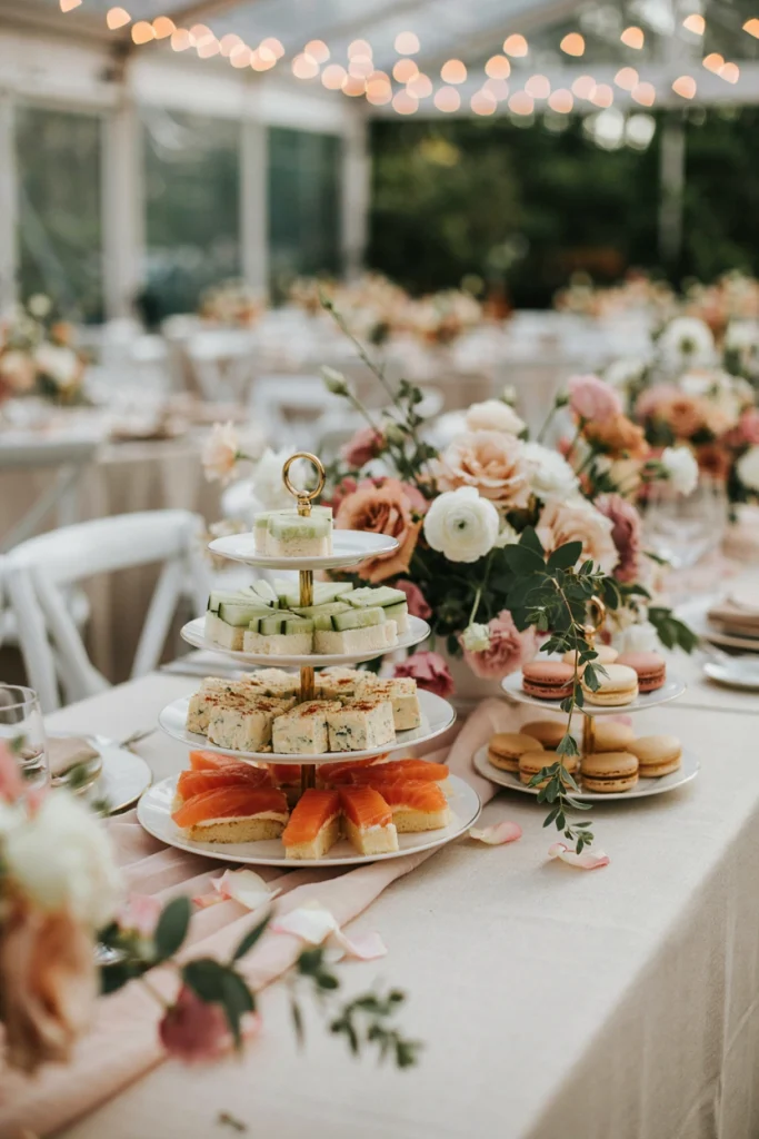 Dainty tea sandwiches arranged on a tiered stand with fresh flowers for a spring wedding