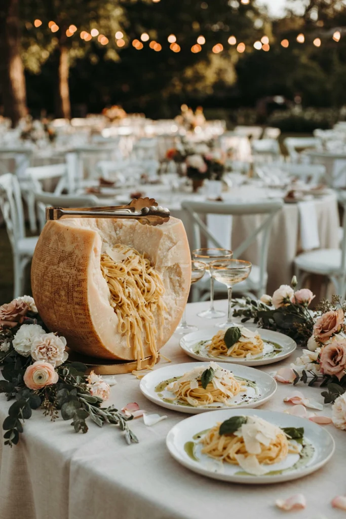 Giant wheel of parmesan being carved tableside with pasta tossed inside it