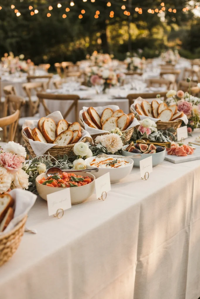 Rustic wood table with toasted baguette slices and bowls of bruschetta toppings for a wedding cocktail station