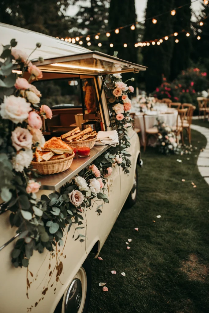 Retro food truck serving gooey grilled cheese sandwiches to a line of wedding guests