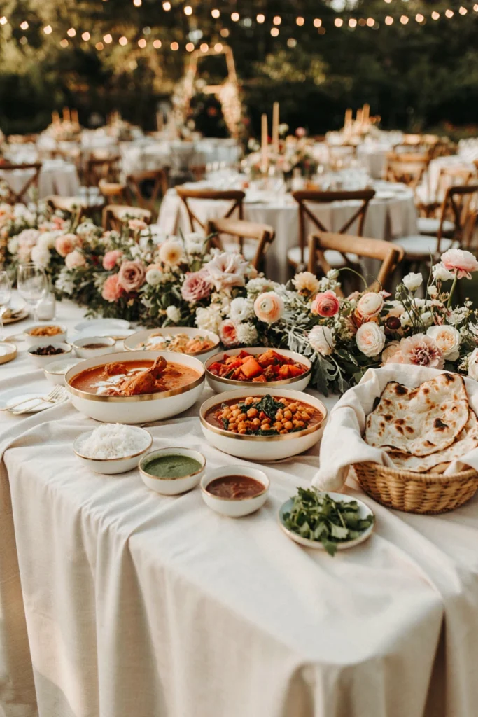 Bowls of colorful curries next to a tandoor oven making fresh naan at a wedding