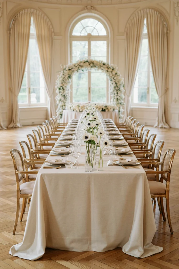 Row of slim glass bud vases each holding a single white anemone
