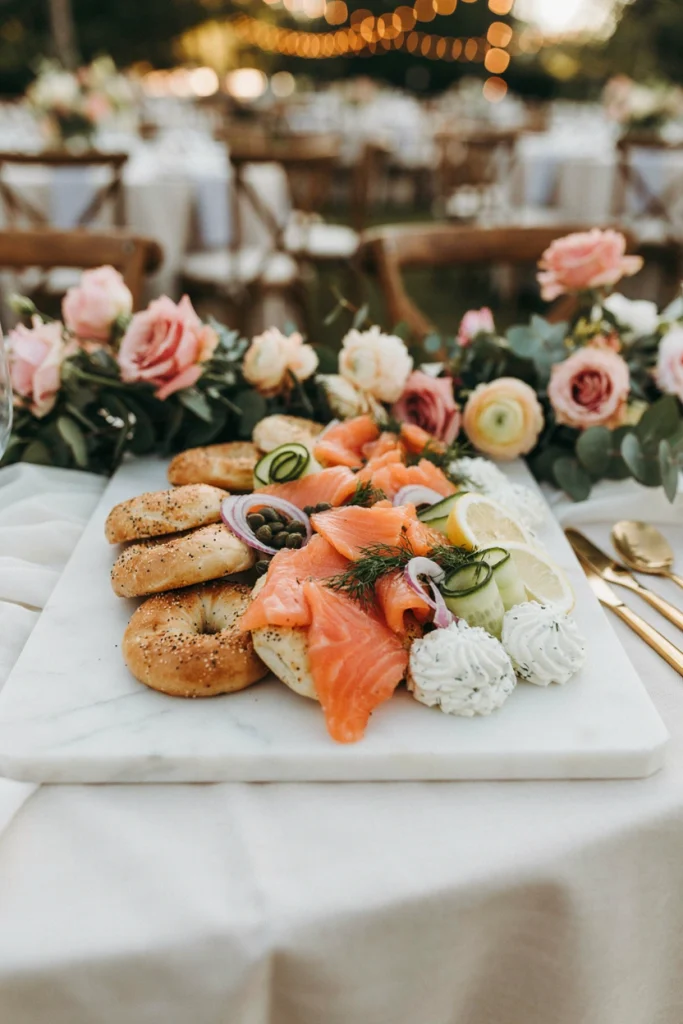 Generous spread of bagels, smoked salmon, capers, and cream cheese on a marble serving board