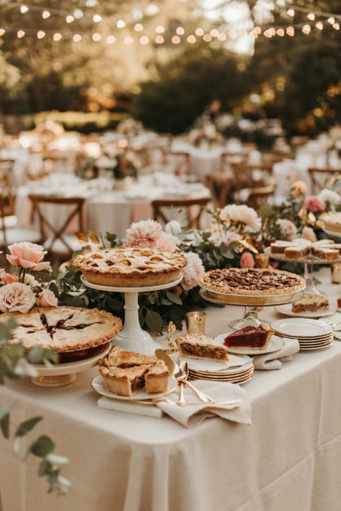 Rustic wooden table lined with whole pies, apple, pecan, and cherry, sliced and ready to serve
