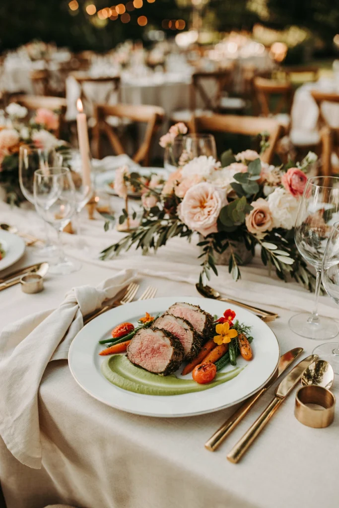Plated rack of lamb with a golden herb crust resting on a smear of pea puree