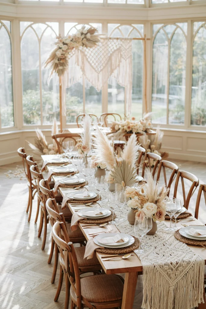 Handwoven cream macrame runner on a light wood farm table with pampas grass