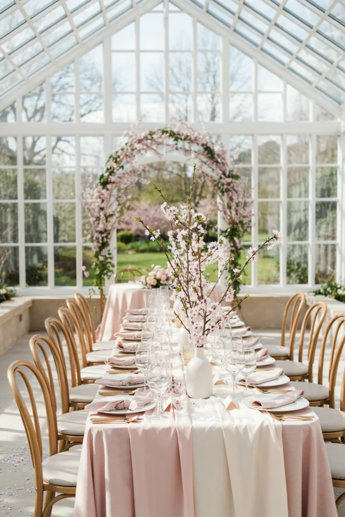 Tall cherry blossom branches arching over a table set in pale pink and white