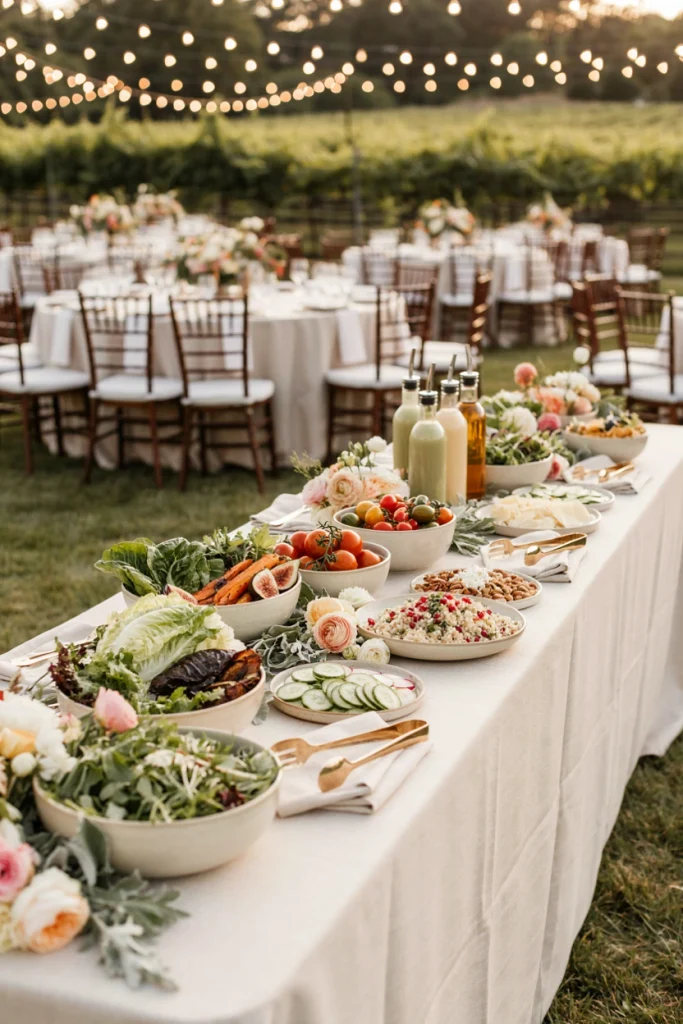 Long table with wooden bowls of greens, roasted vegetables, nuts, and dressings for a build-your-own salad bar