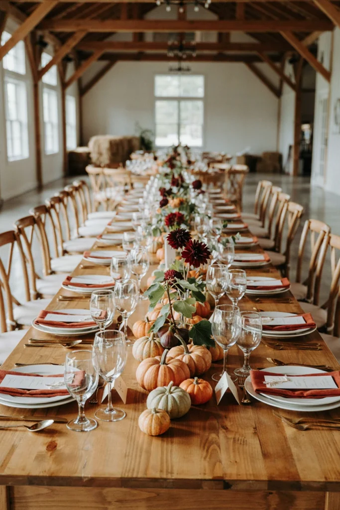Mini heirloom pumpkins, fig branches, and burgundy dahlias on a runner