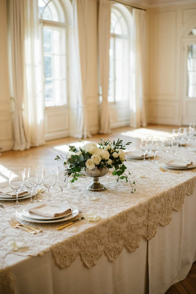 Antique lace overlay draped over an ivory tablecloth with low florals