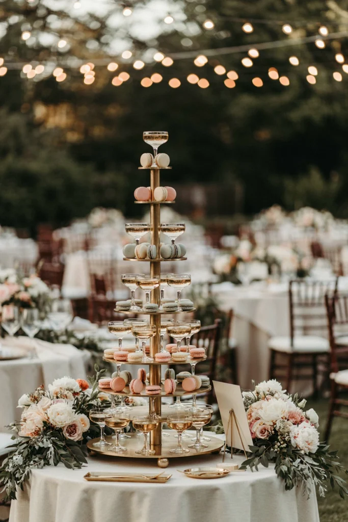 Tall gold tower alternating champagne flutes and pastel macarons at a wedding reception