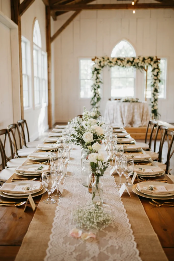 Burlap table runner layered with a lace strip and mason jar florals