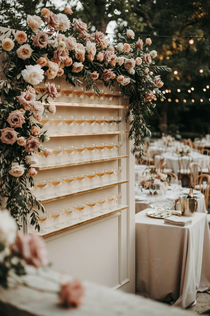 Champagne wall built from stacked bottles with glasses tucked into floral pockets at a wedding