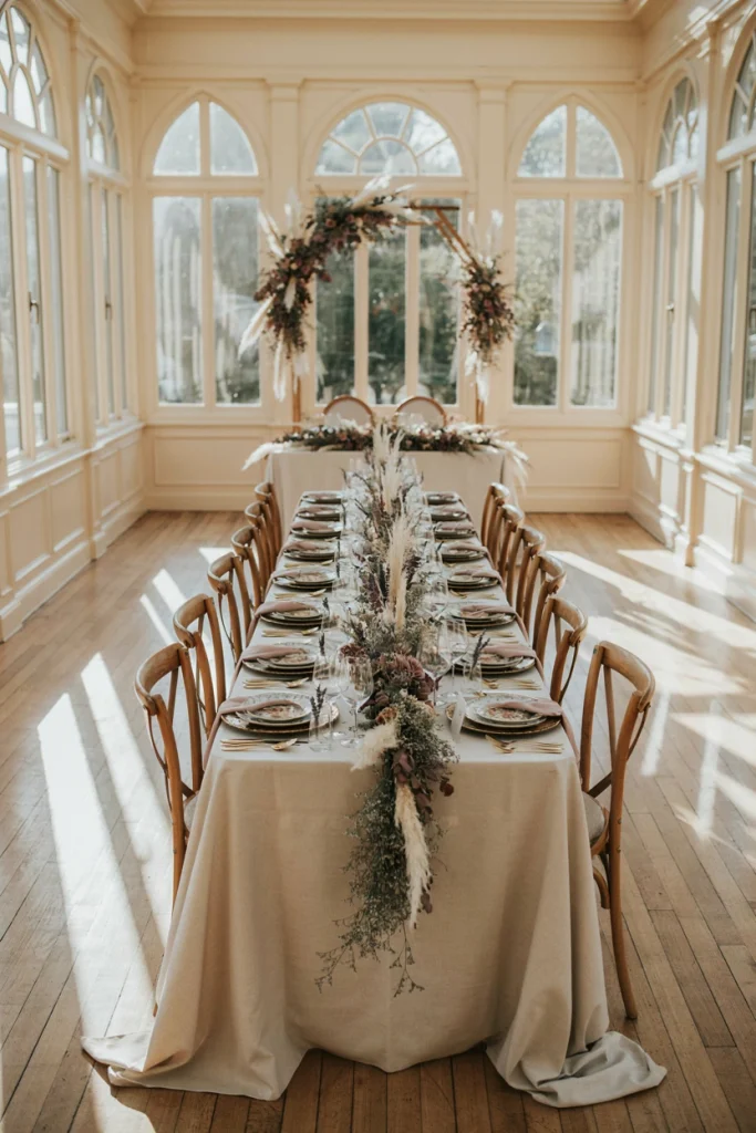 Dried lavender, statice, and bunny tail grass garland along a table