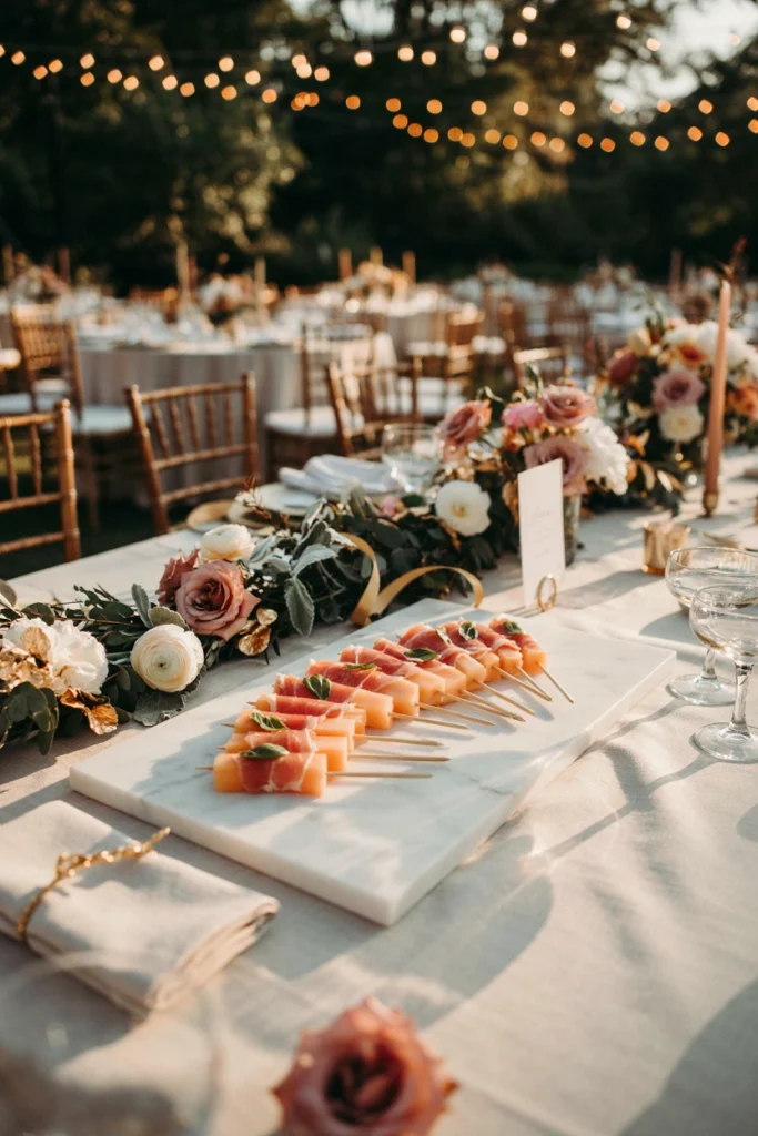 Prosciutto-wrapped cantaloupe skewers fanned out on a marble serving slab