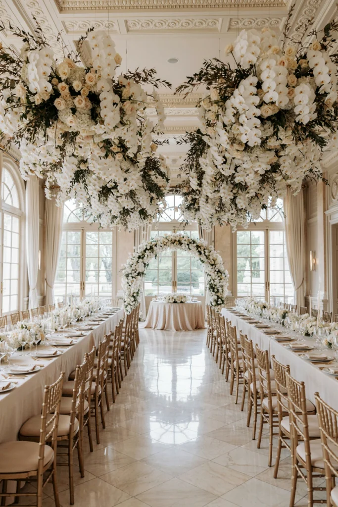Suspended floral installation of orchids and roses above a head table