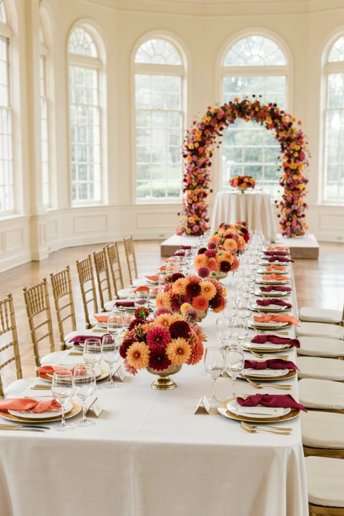 Dense, colorful dahlia arrangement in coral, yellow, magenta, and burgundy
