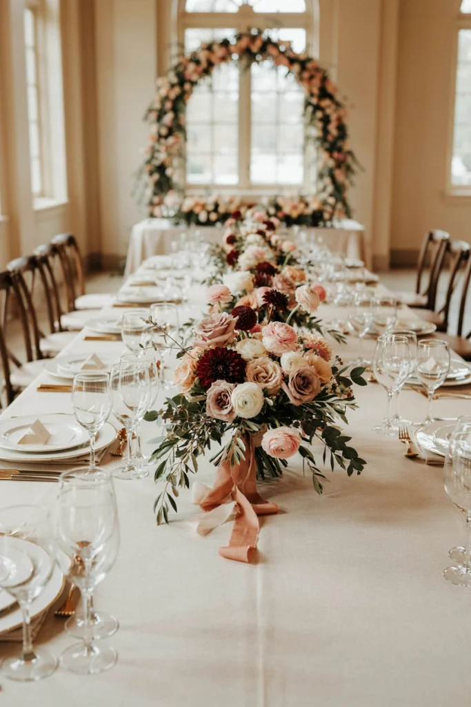 Garden-style bouquet laid casually across a table, tied with silk ribbon