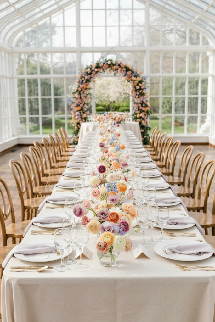 Low glass bowls filled with pastel ranunculus in lavender, peach, and cream