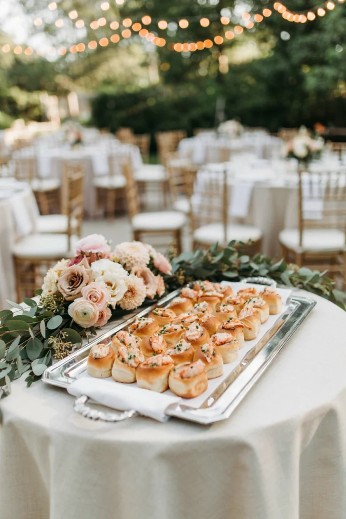 Miniature lobster rolls in brioche buns arranged on a mirrored serving tray